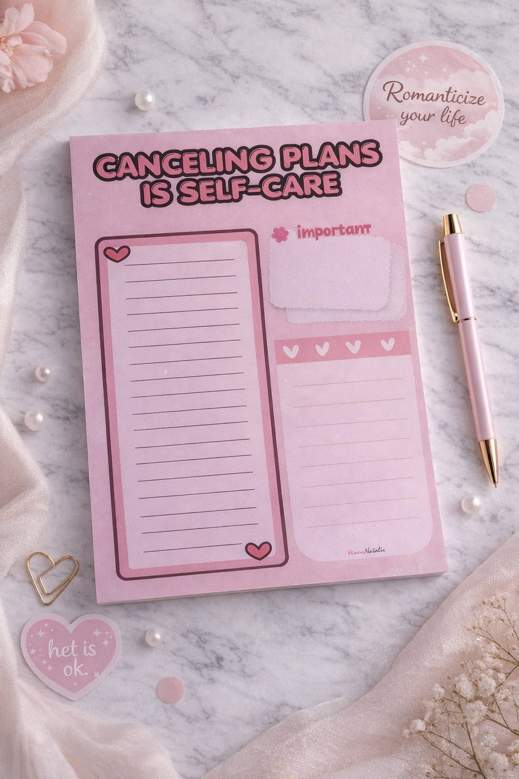 Roze Dagplanner  “Canceling Plans Is Self Care” A5 Afscheurbaar Notitieblok Checklist