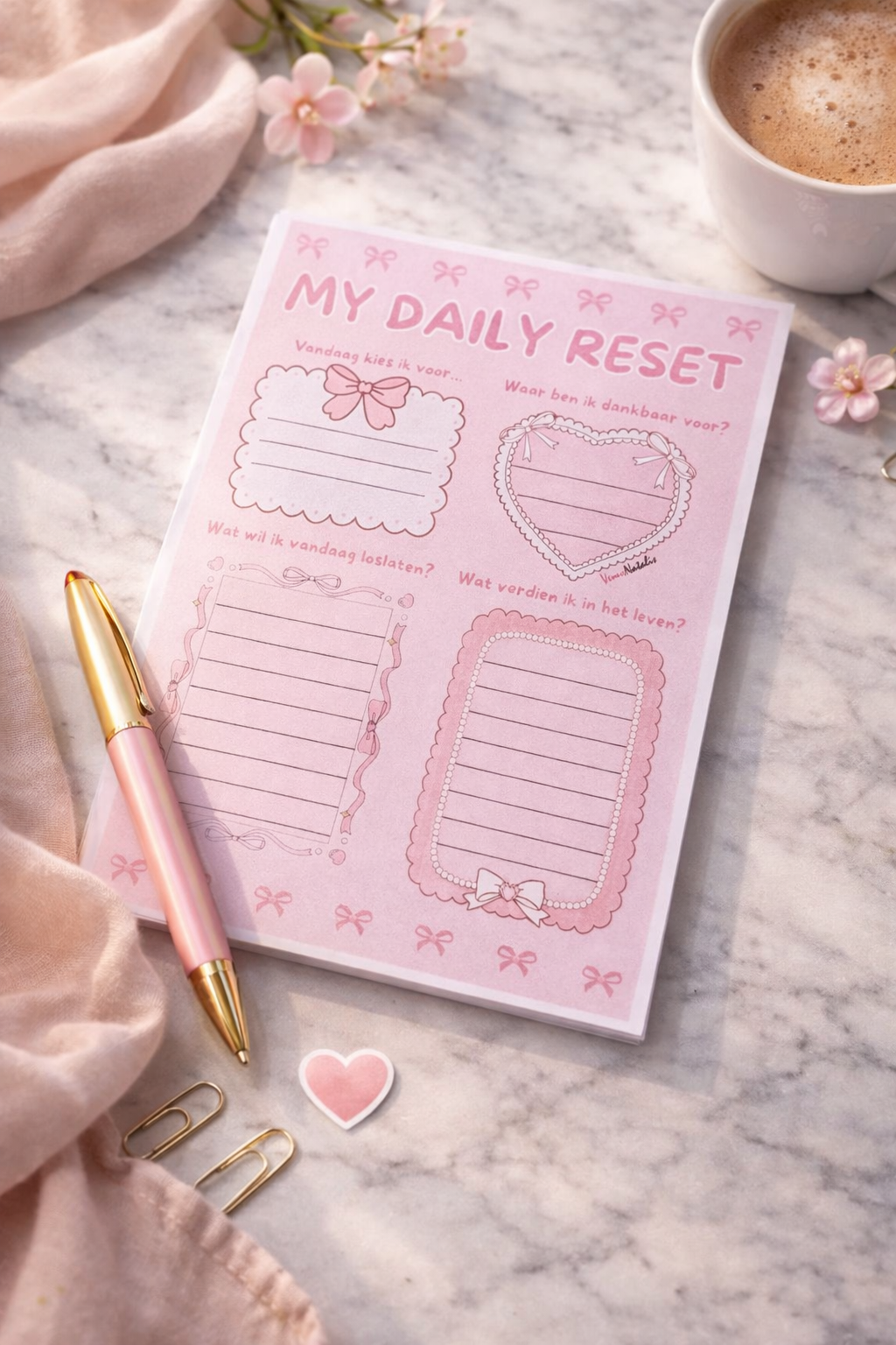 My Daily Reset Planner A5 Afscheurbaar Notitieblok Self Care & Reflectie 50 Vellen Roze Design