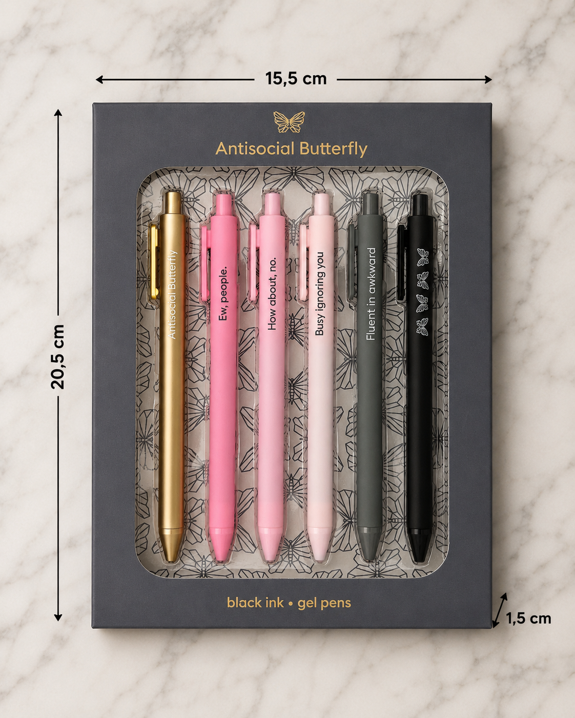 QUOTABLE Gelpennen Set van 6 – Zwarte Inkt – Pennenset met Quotes – Planner & Journaling – Cadeau voor Haar – Antisocial Butterfly
