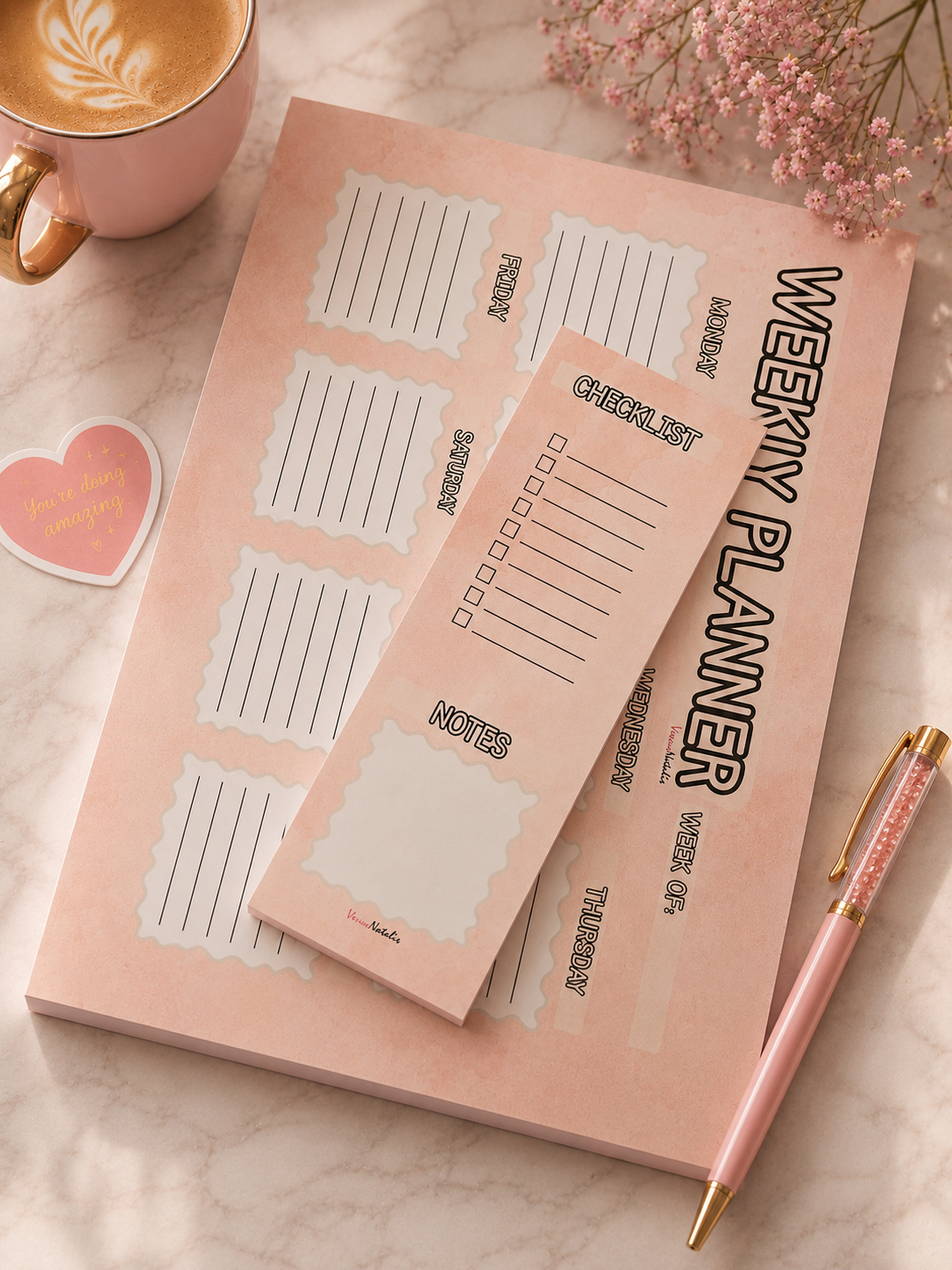 A4 Weekplanner + Skinny Checklist Set – 50 Vellen – Bureauplanner – To Do Planner – Weekplanner Notitieblok – Roze